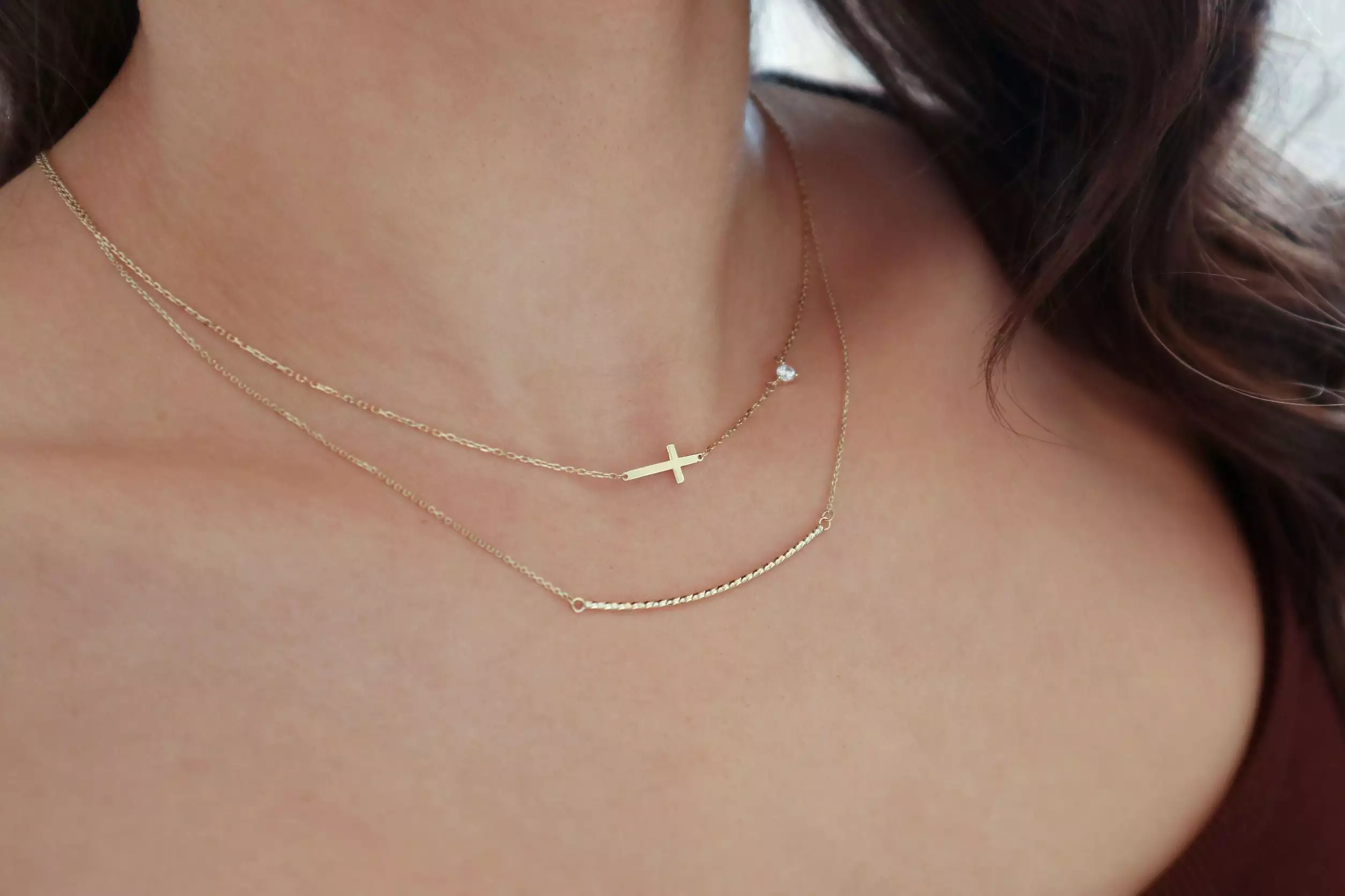 10K Gold Sideways Cross Necklace with CZ