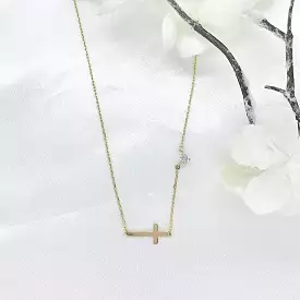 10K Gold Sideways Cross Necklace with CZ