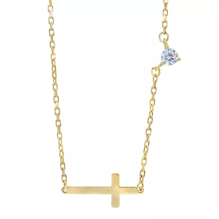 10K Gold Sideways Cross Necklace with CZ