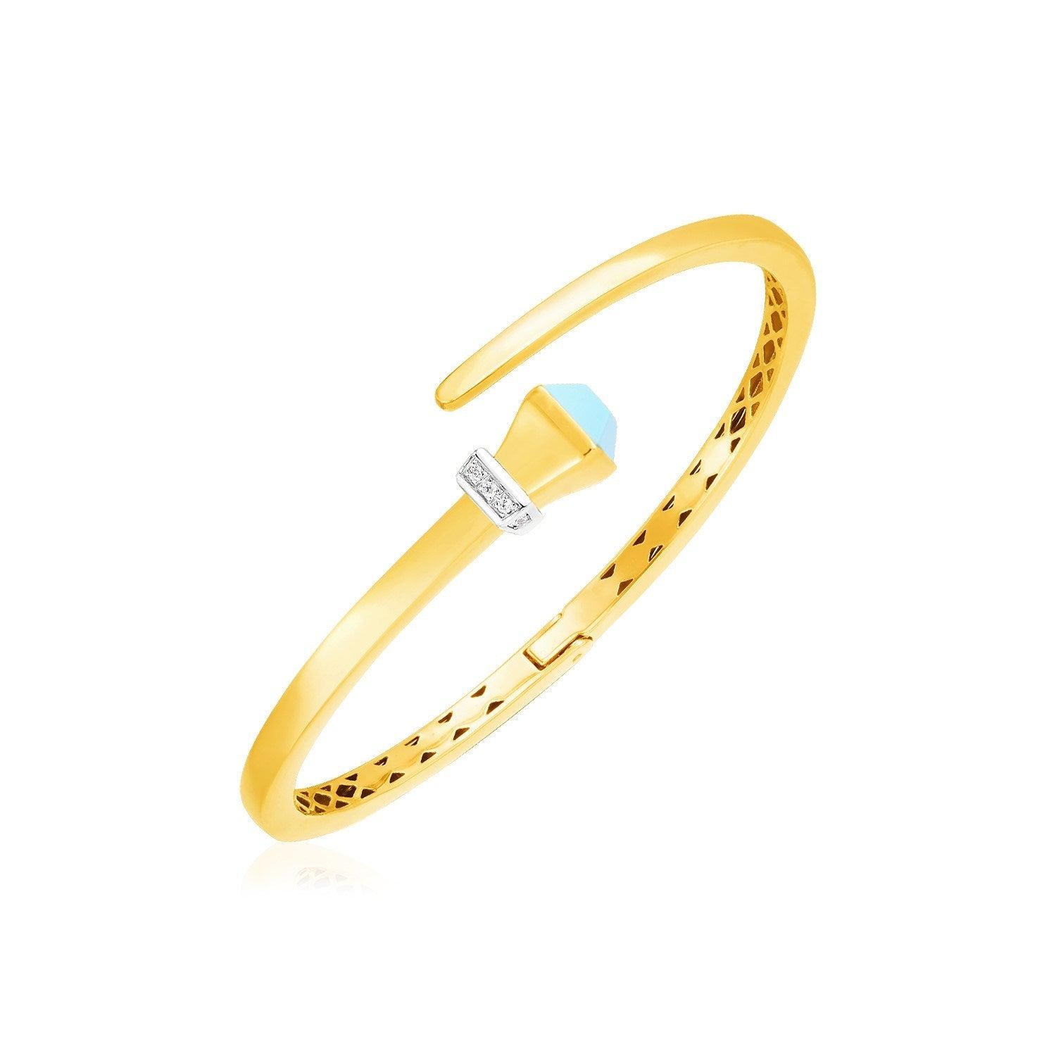 14k Yellow Gold Crossover Style Hinged Bangle Turquoise and Diamonds