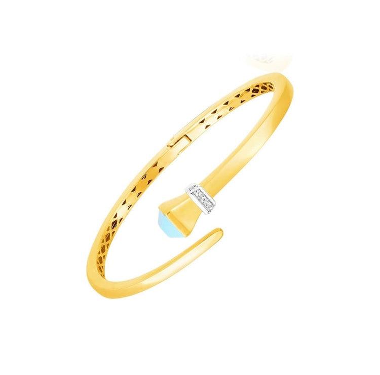 14k Yellow Gold Crossover Style Hinged Bangle Turquoise and Diamonds