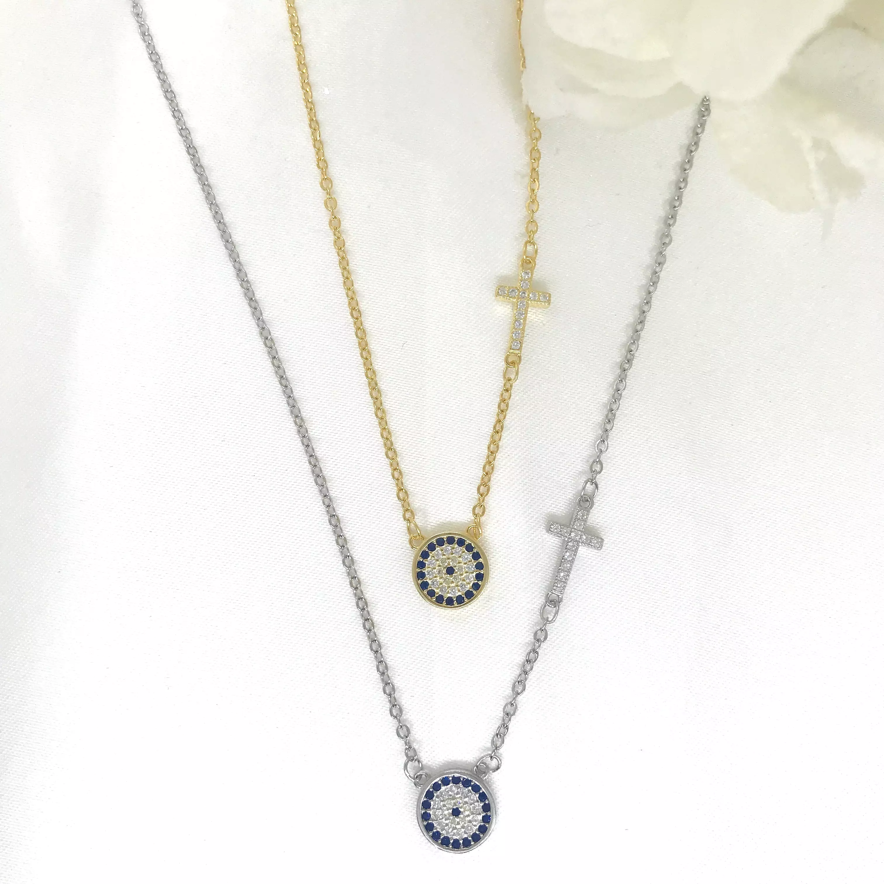 925/18k Vermeil CZ Evil Eye and Cross Necklace