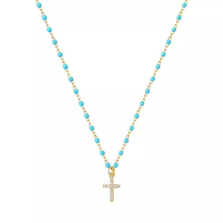 925/18k Vermeil Turquoise Enamel CZ Cross Necklace