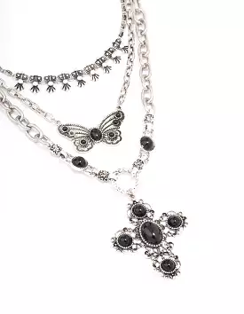 Antique Silver Butterfly Cross Stone Layered Necklace