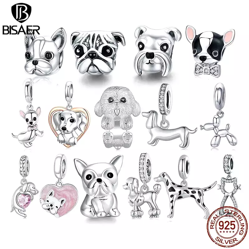 BISAER 925 Sterling Silver Cute Dog Charm Bead Dachshund Pet Animal Pendant Platinum Plated Fit Women DIY Bracelet Fine Jewelry