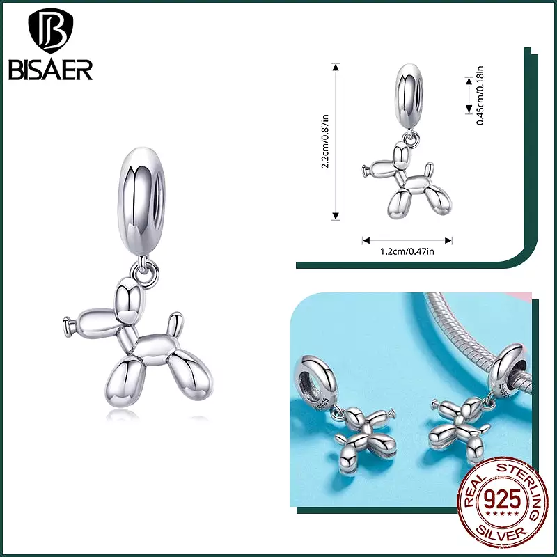 BISAER 925 Sterling Silver Cute Dog Charm Bead Dachshund Pet Animal Pendant Platinum Plated Fit Women DIY Bracelet Fine Jewelry