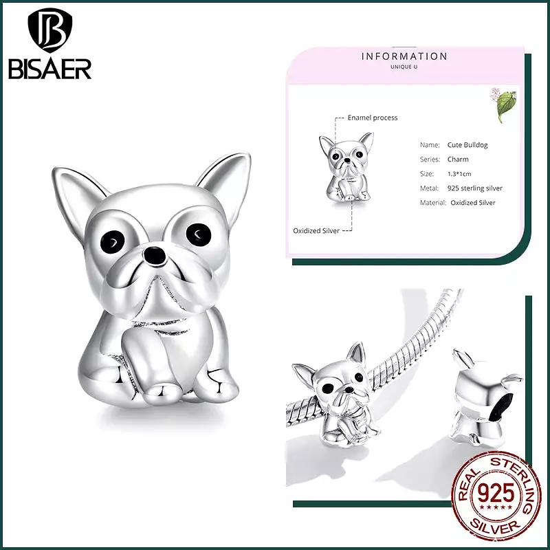 BISAER 925 Sterling Silver Cute Dog Charm Bead Dachshund Pet Animal Pendant Platinum Plated Fit Women DIY Bracelet Fine Jewelry