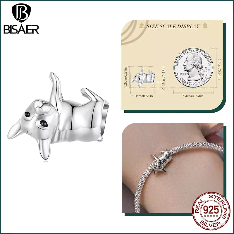 BISAER 925 Sterling Silver Cute Dog Charm Bead Dachshund Pet Animal Pendant Platinum Plated Fit Women DIY Bracelet Fine Jewelry