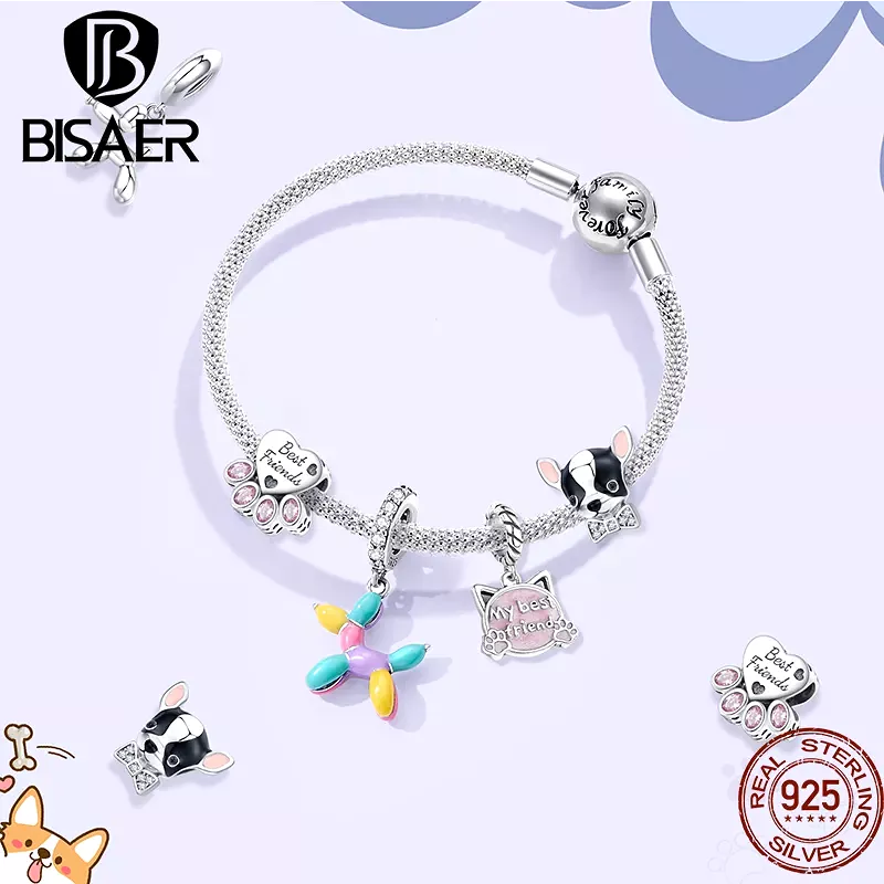 BISAER 925 Sterling Silver Cute Dog Charm Bead Dachshund Pet Animal Pendant Platinum Plated Fit Women DIY Bracelet Fine Jewelry