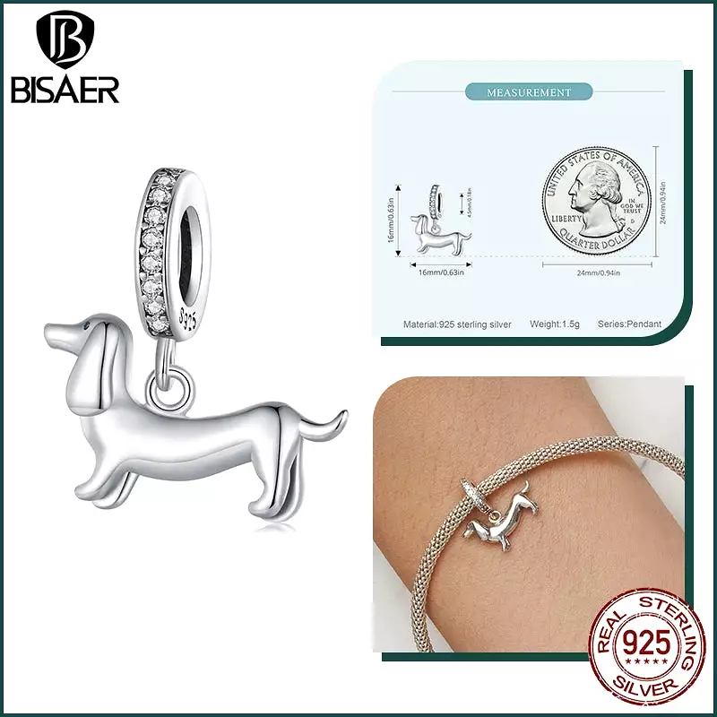 BISAER 925 Sterling Silver Cute Dog Charm Bead Dachshund Pet Animal Pendant Platinum Plated Fit Women DIY Bracelet Fine Jewelry