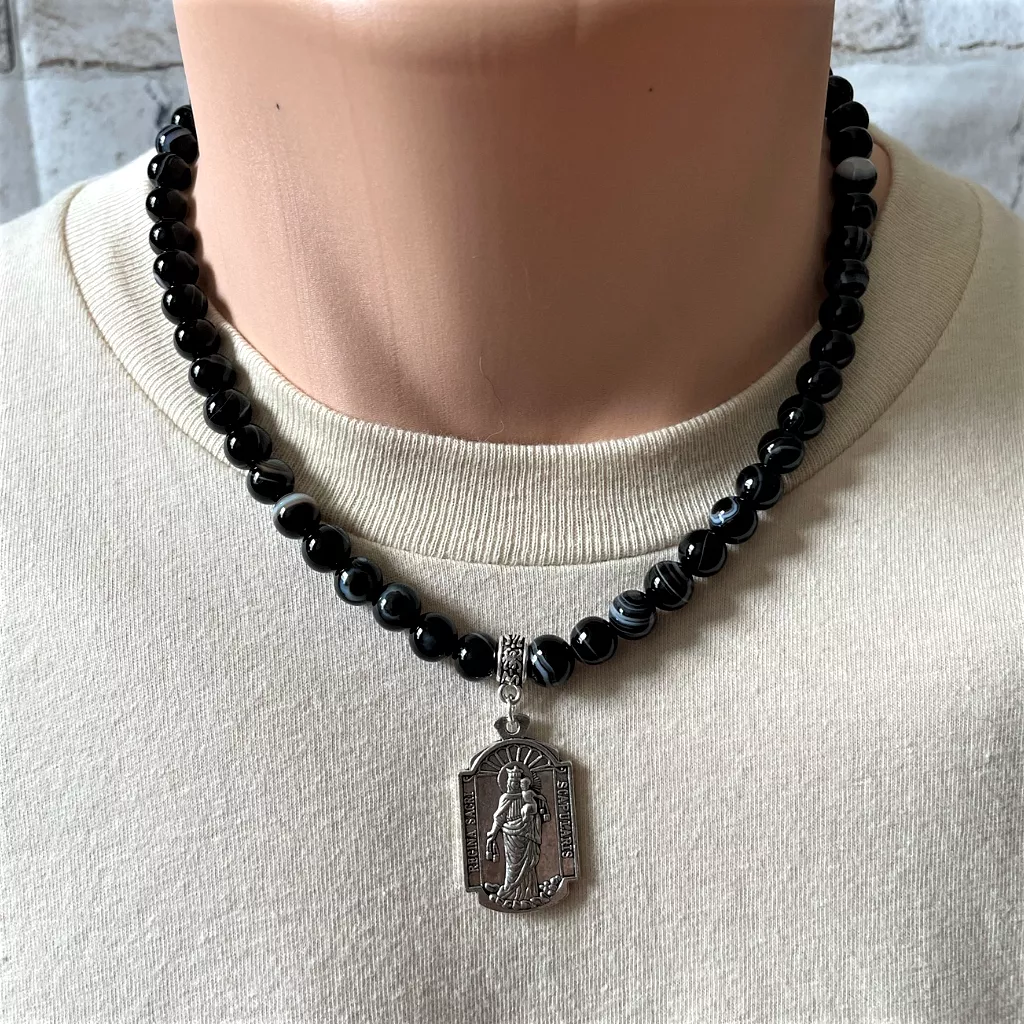 Black Sardonyx and Silver Saint Regina Mens Beaded Necklace