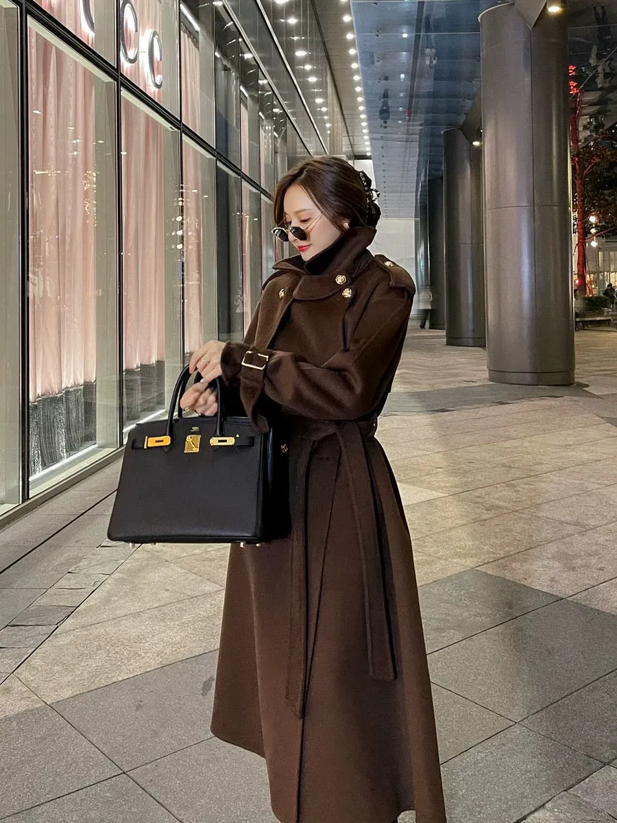 Double-sided cashmere coat women's mid-length 2023 autumn and winter new style loose high-end Hepburn style woolen coat