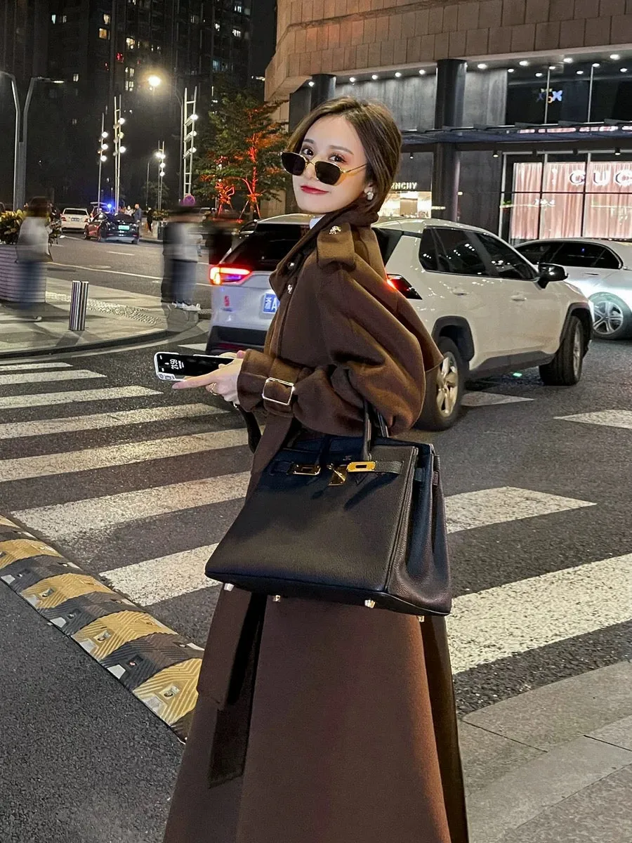 Double-sided cashmere coat women's mid-length 2023 autumn and winter new style loose high-end Hepburn style woolen coat