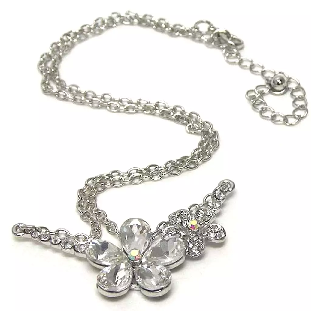 Double Silver Crystal Flower Link Necklace