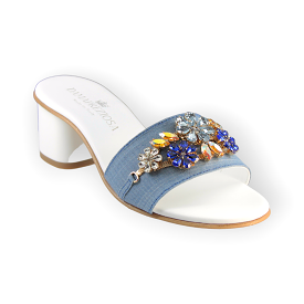 Flora Denim Mule Sandals With Sapphire Crystals