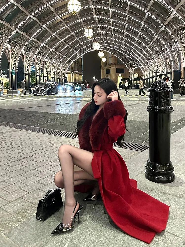 For Fay burgundy red shirt/simulated fox fur large lapel woolen coat Christmas and New Year coat