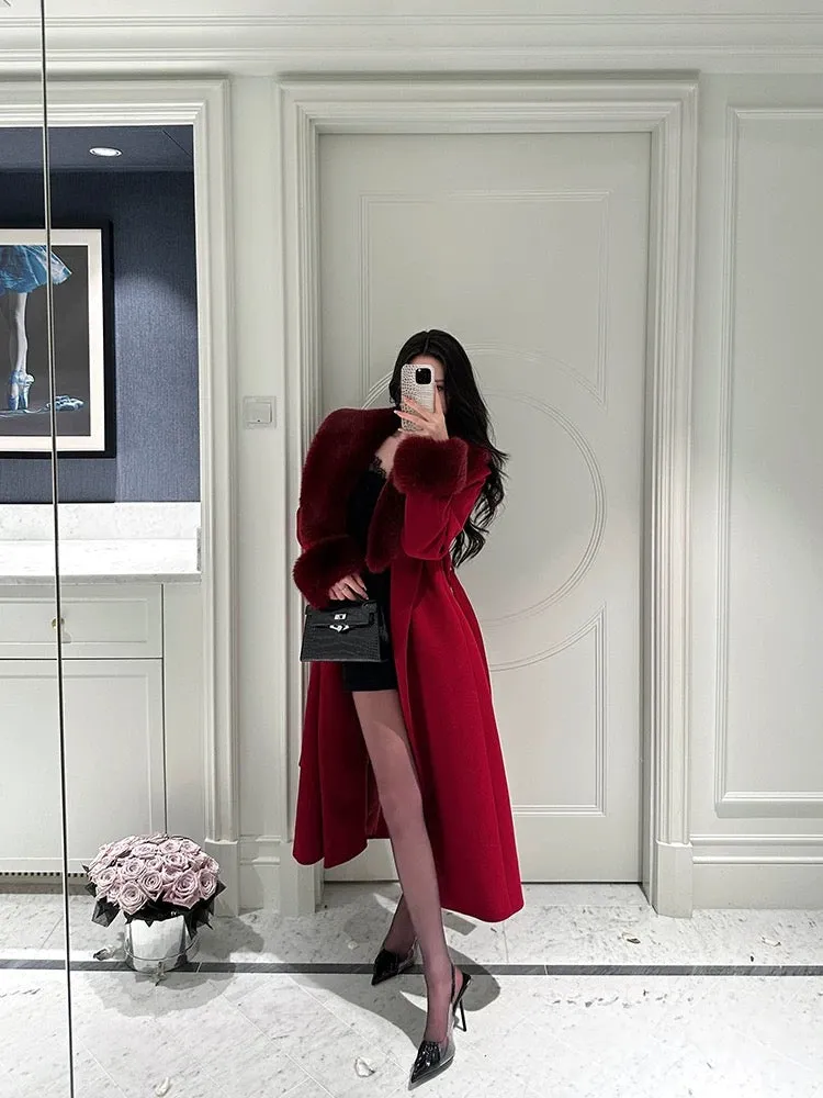 For Fay burgundy red shirt/simulated fox fur large lapel woolen coat Christmas and New Year coat