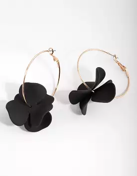 Gold Black Pearlised Flower Hoop Earrings