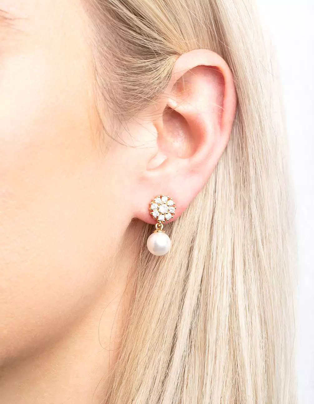 Gold Cubic Zirconia Flower & Pearl Drop Earrings