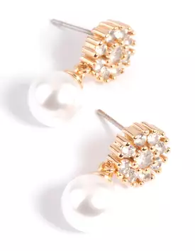 Gold Cubic Zirconia Flower & Pearl Drop Earrings