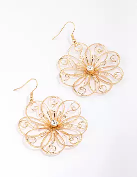 Gold Diamante Wire Swirly Flower Drop Earrings