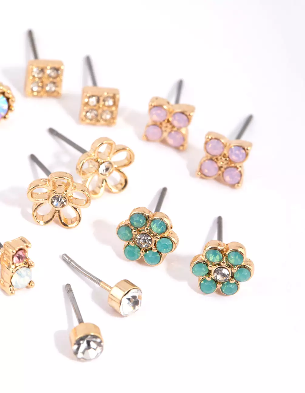 Gold Flower & Diamante Stud Earring Pack