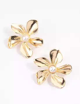 Gold Large Basic Flower Stud Earrings