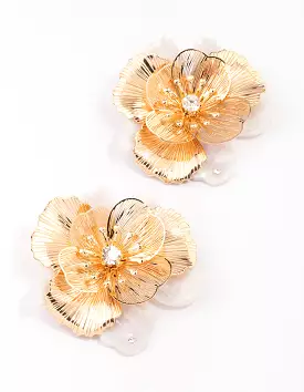 Gold Large Flower Statement Stud Earrings