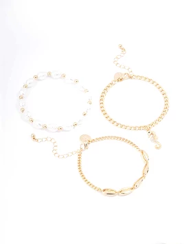 Gold Pearl Anklet & Bracelet 3-Pack