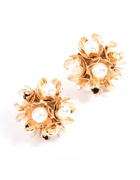 Gold Pearl Flower Cluster Stud Earrings