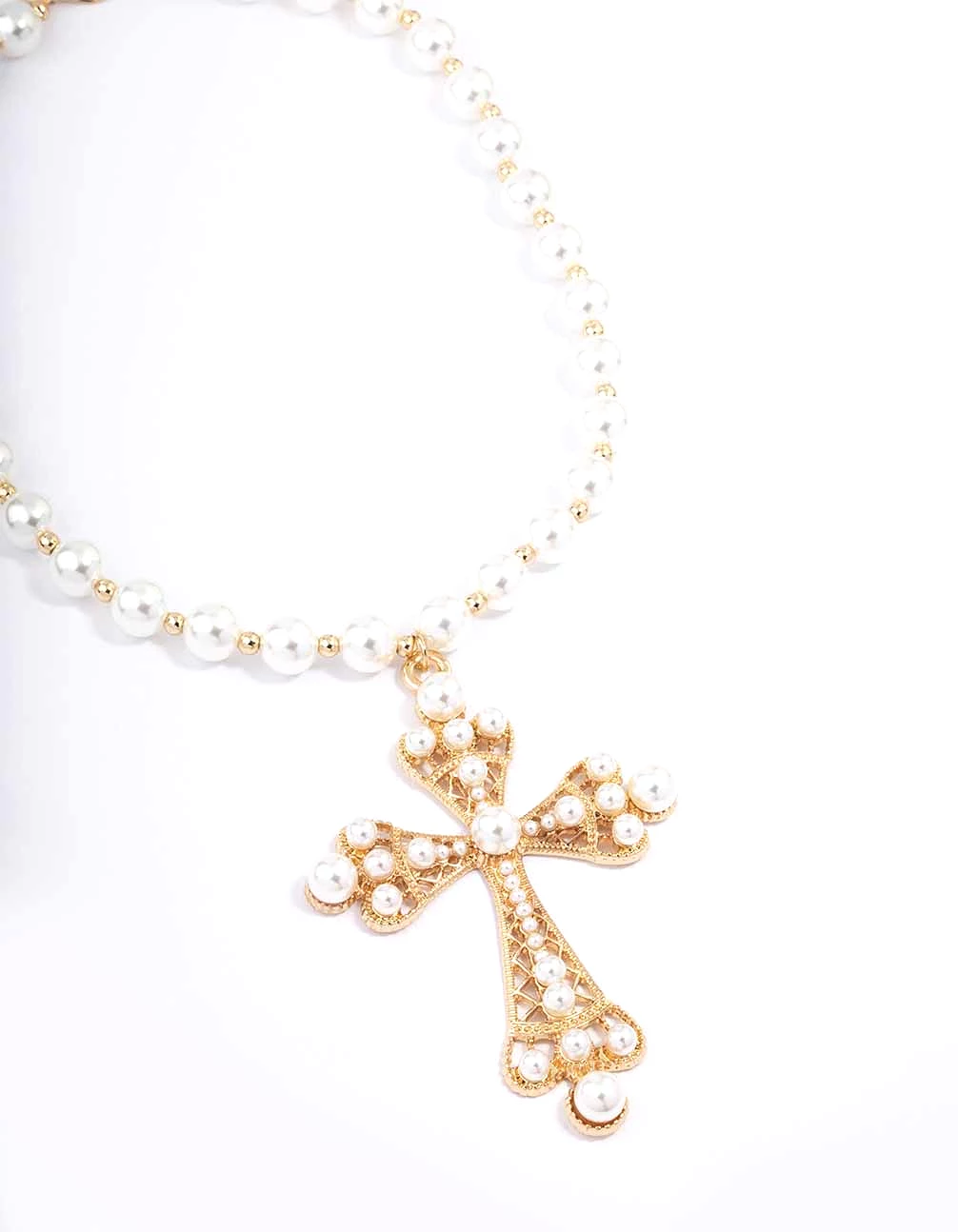 Gold Pearl Large Cross Pendant Necklace