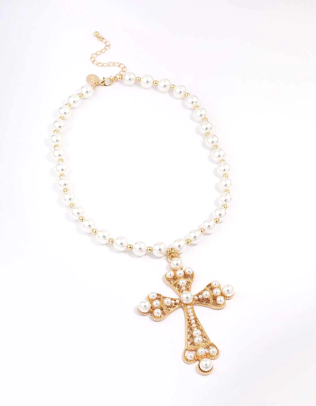 Gold Pearl Large Cross Pendant Necklace