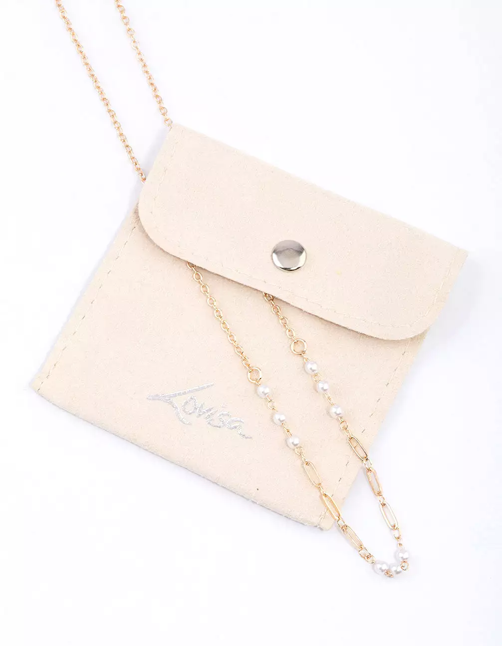 Gold Pearl Rectangle Link Chain Necklace & Polishing Set