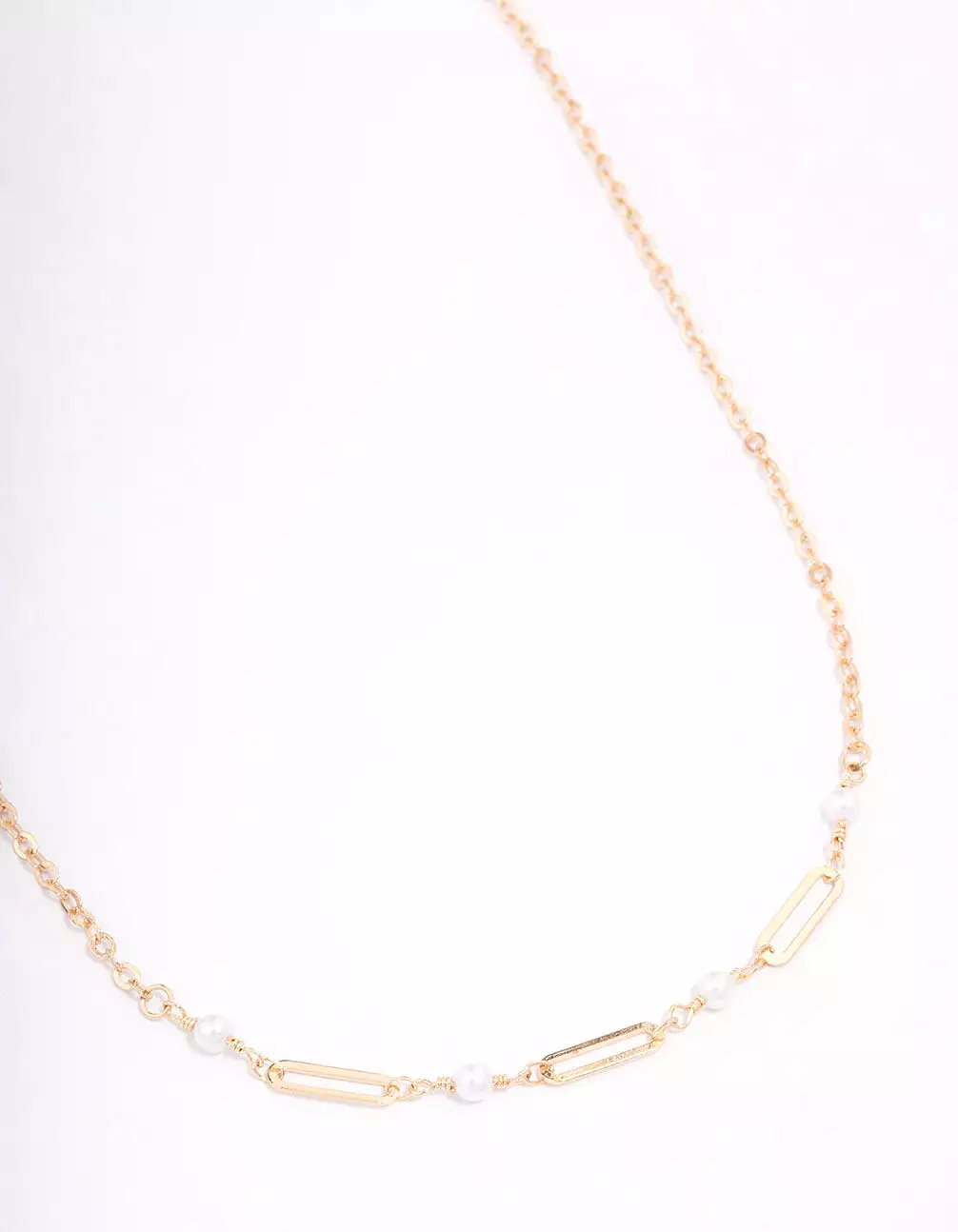 Gold Pearl Rectangle Link Short Necklace