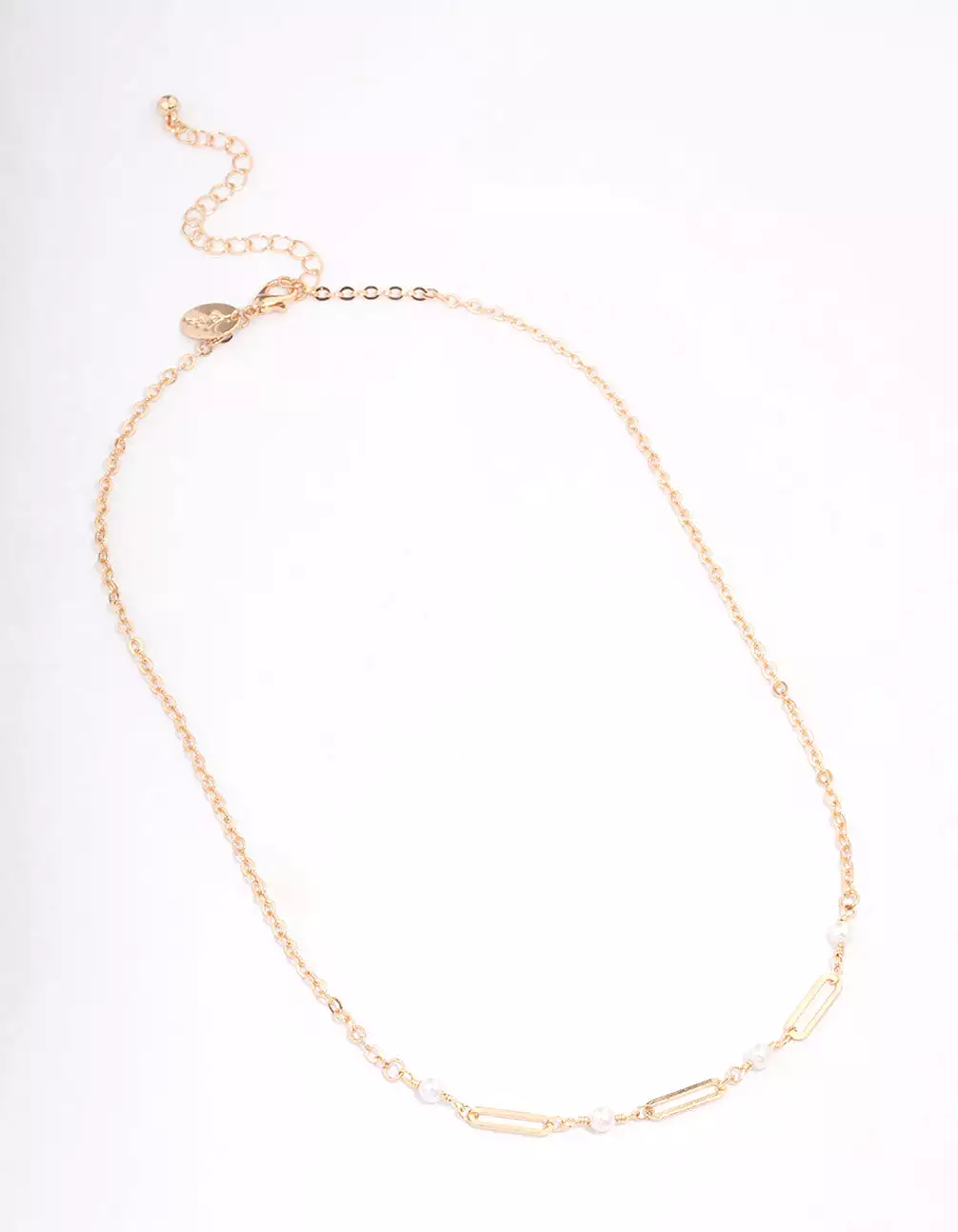 Gold Pearl Rectangle Link Short Necklace