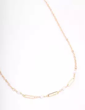 Gold Pearl Rectangle Link Short Necklace