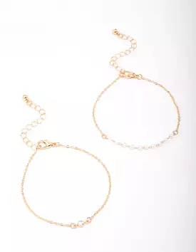 Gold Pearl Station Diamante Bracelet Pack