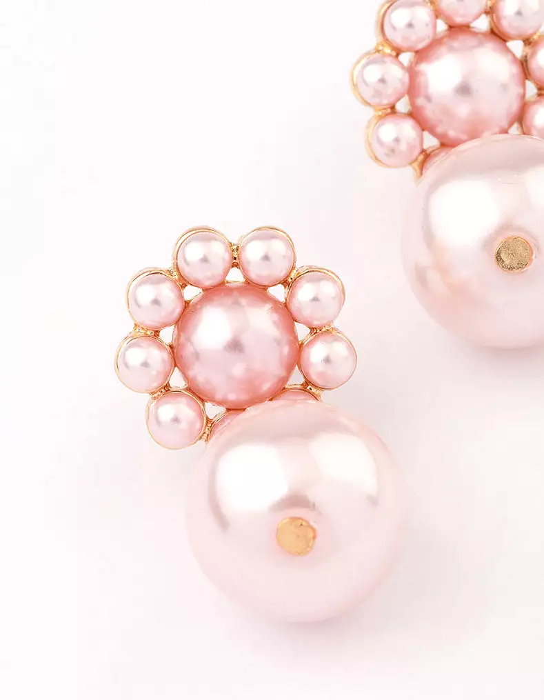 Gold Pink Flower & Pearl Drop Earrings