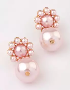 Gold Pink Flower & Pearl Drop Earrings