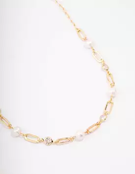 Gold Plated Alternating Cubic Zirconia & Pearl Link Short Necklace