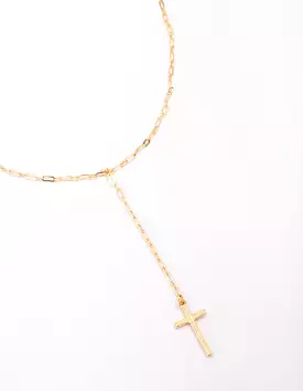 Gold Plated Cable Cross Lariat Necklace