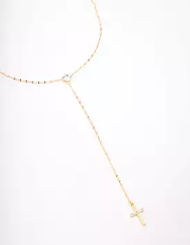 Gold Plated Cubic Zirconia Cross Lariat Necklace