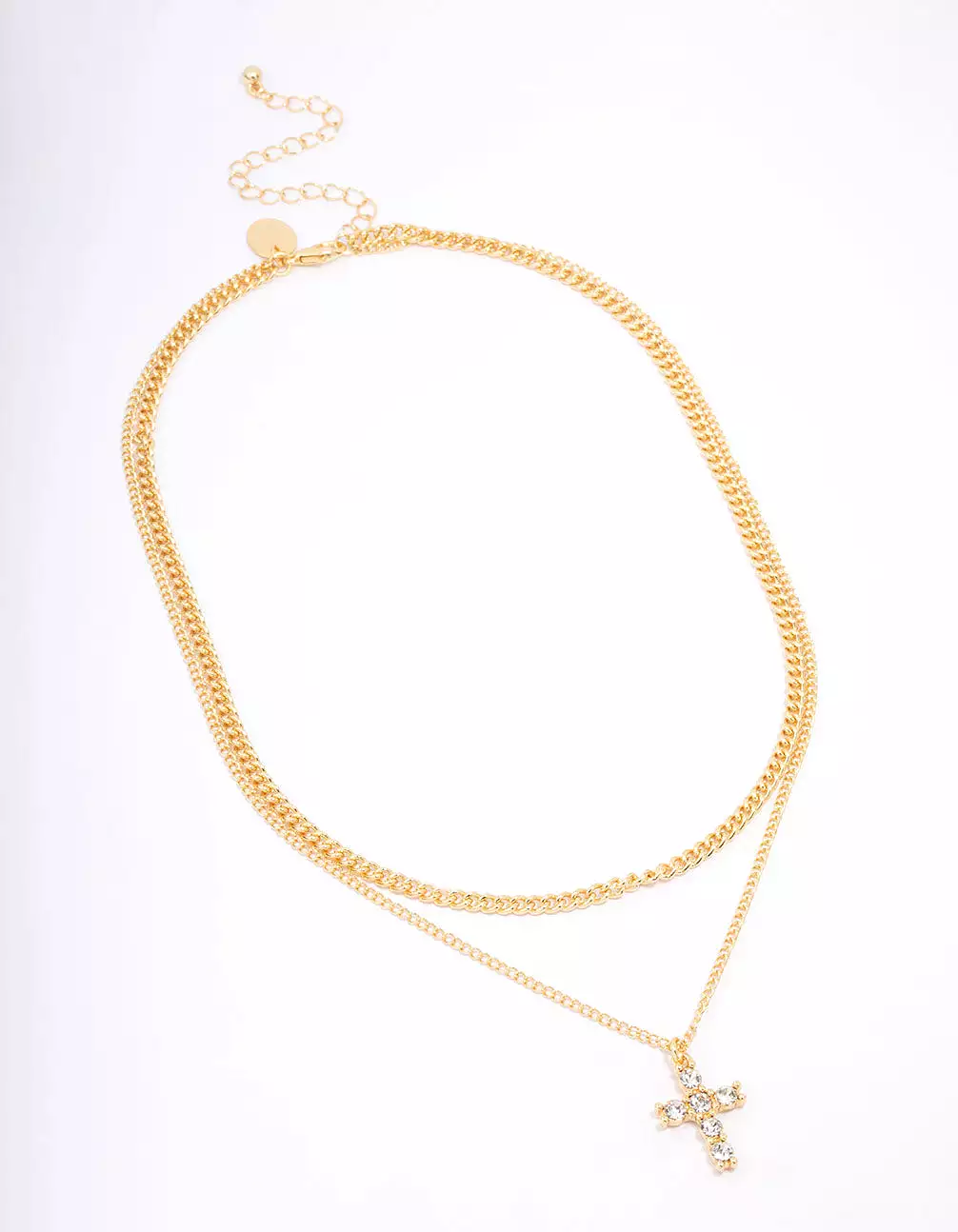 Gold Plated Diamante Cross Layered Curb Necklace