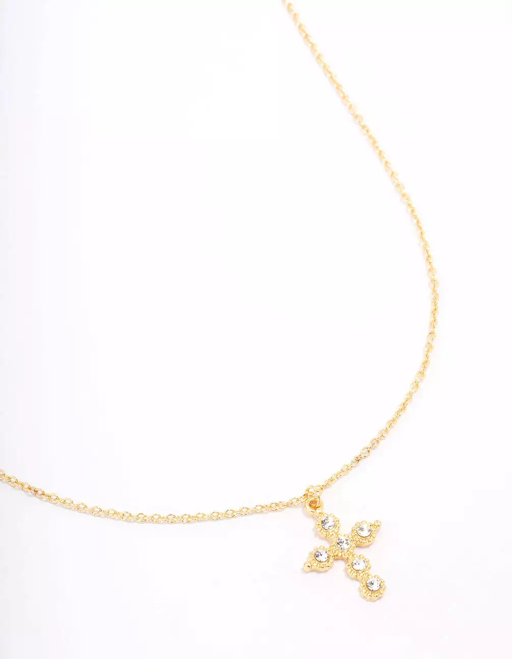 Gold Plated Diamante Round Cross Pendant Necklace