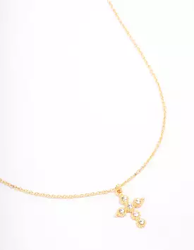 Gold Plated Diamante Round Cross Pendant Necklace