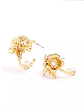 Gold Plated Flower Pearl Hoop Earrings