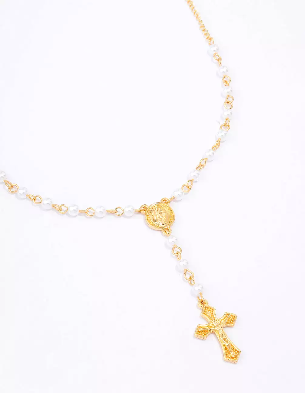 Gold Plated Pearl Cross Y-Shaped Pendant Necklace