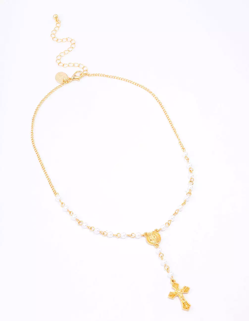 Gold Plated Pearl Cross Y-Shaped Pendant Necklace