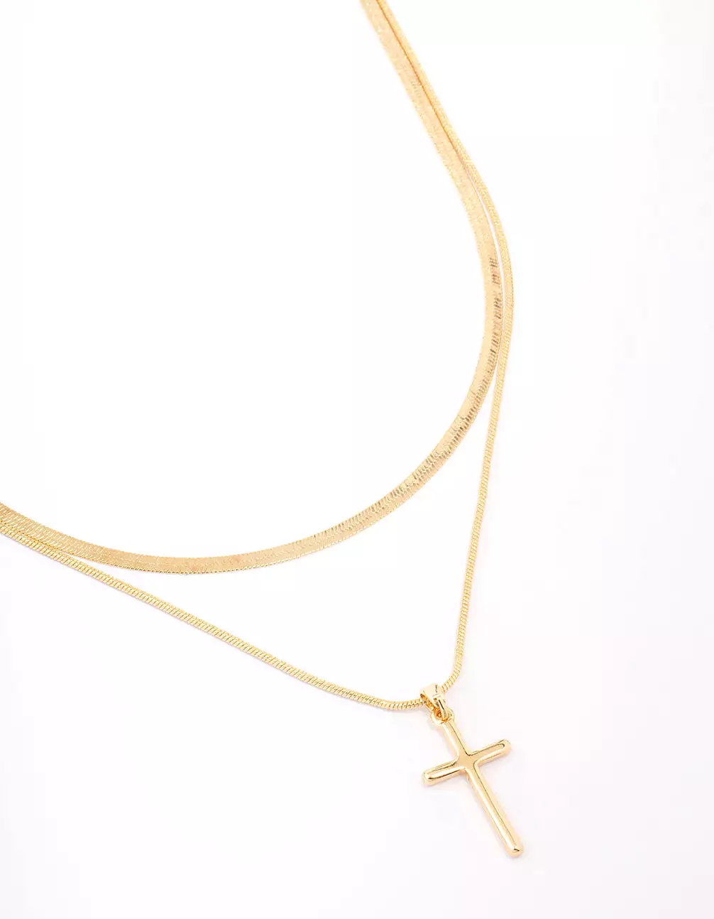 Gold Plated Plain Cross Snake Layered Necklace