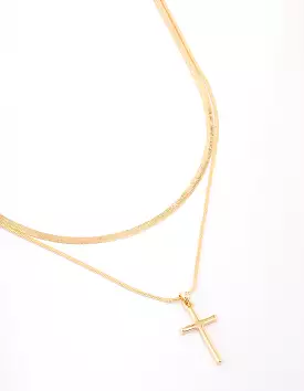 Gold Plated Plain Cross Snake Layered Necklace